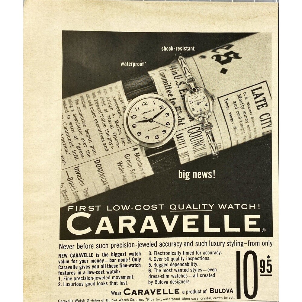 Caravelle "First Low-Cot Quality Watch!" Vintage Print Ad 1963